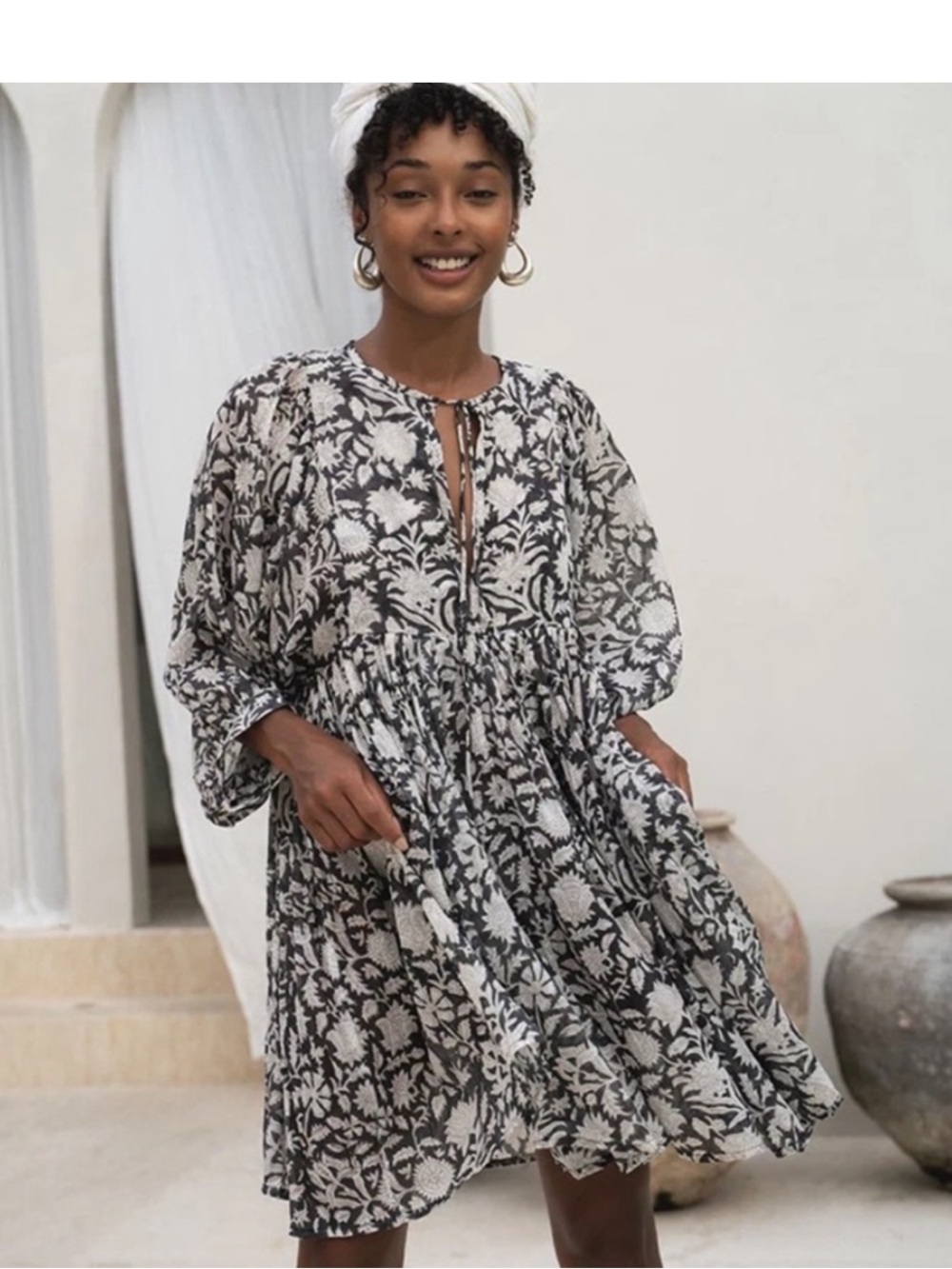 Daughters of India Kyra Mini Dress Black and White Floral Black Print Cotton L
